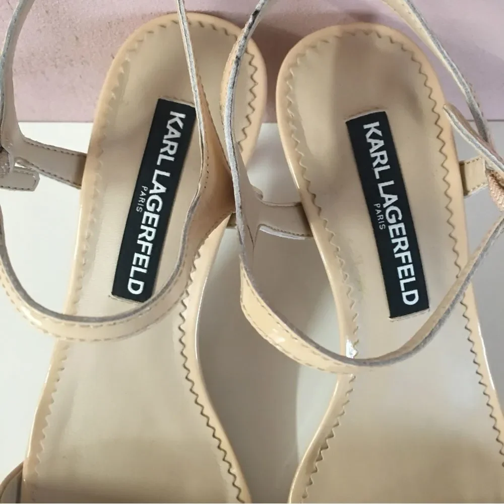 Karl Lagerfeld Nude Patent Leather Mid-Heel Sandals